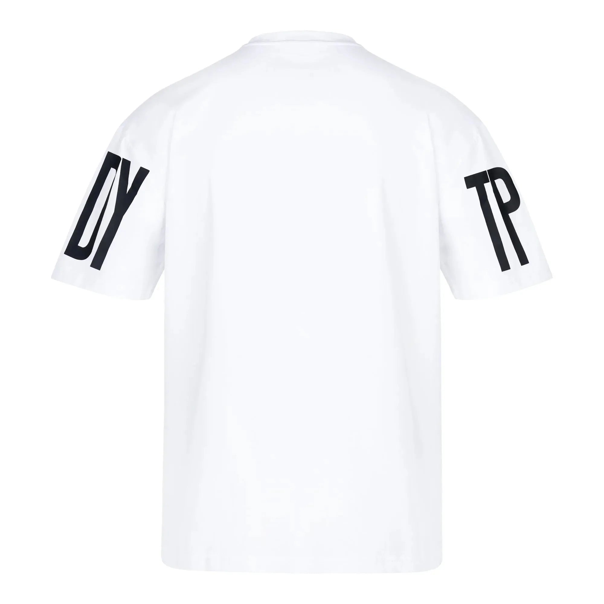 Das Viktor Oversized T-Shirt mit Druck von trueprodigy hat ein schlichtes weißes Unisex-Design aus schwerem Jerseystoff mit großen schwarzen „DY“- und „TP“-Schriftzügen auf den Ärmeln. Es verfügt über eine übergroße Passform und einen einfachen Rundhalsausschnitt für einen zeitlosen Look.