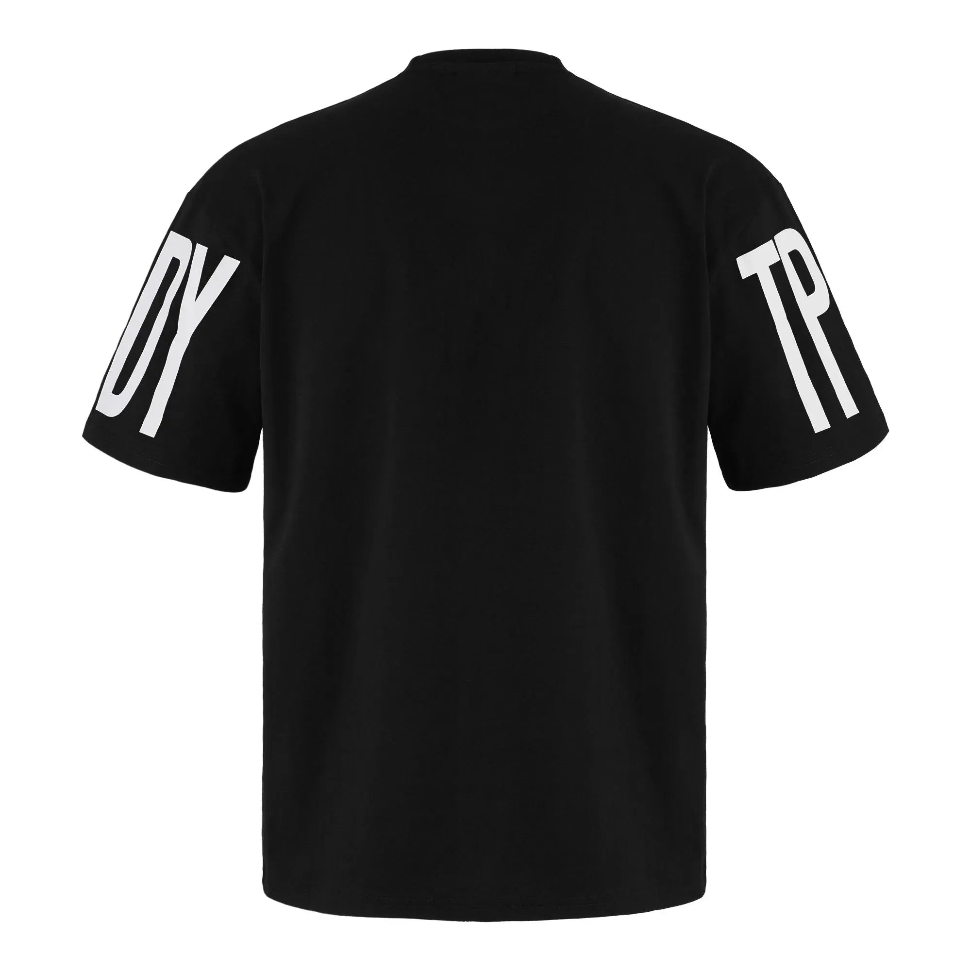 Das Viktor Oversized T-Shirt mit Druck von trueprodigy ist unisex und hat ein schwarzes Design mit Rundhalsausschnitt und kurzen Ärmeln. Fettgedruckte weiße Buchstaben „ODY“ und „TP“ sind auf den schweren Jerseystoff gedruckt, was ihn attraktiver macht und gleichzeitig einen sauberen Hauptrückenbereich beibehält.