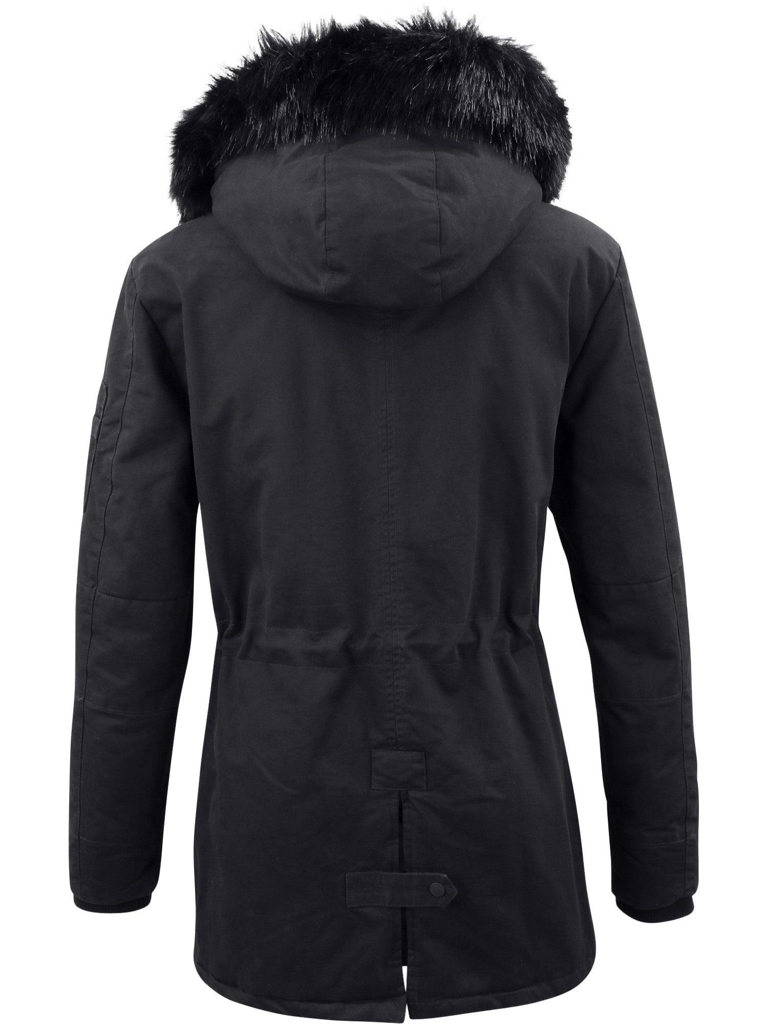 Schwarze TRUEPRODIGY julius Jacke, Rückansicht, mit Kapuze und Kunstfellbesatz, elegantes Design, stilvoll für kalte Tage, hochwertiges Material, perfekte Winterbekleidung, ideal für modebewusste Träger.